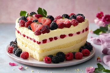 Heart-Shaped Vibrant Cake with Fresh Berries