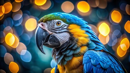 Fototapeta premium Vibrant Blue Macaw Parrot Close-Up, Low Light Photography