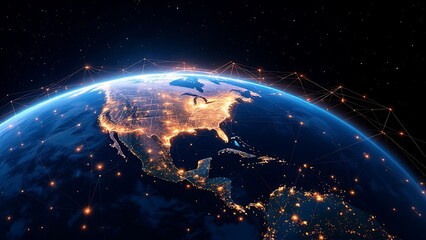 Earth view from space. Global network. Blockchain technology. Planet and communication. Future world 3D illustration.