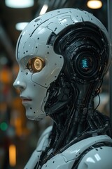 White robotic head, glowing eyes, intricate design.