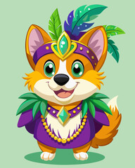 Festive Cartoon Corgi with Colorful Feather Headdress & Mardi Gras Beads | Chibi Style Digital Art