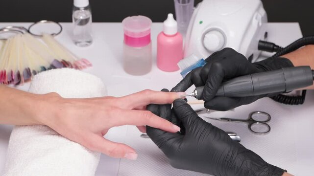 The master of the manicure saws and attaches a nail shape during the procedure of nail extensions in the beauty salon. Professional care for hands.