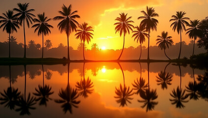 Obraz premium Sunset Harmony: A Peaceful Landscape with Palm Tree Reflections