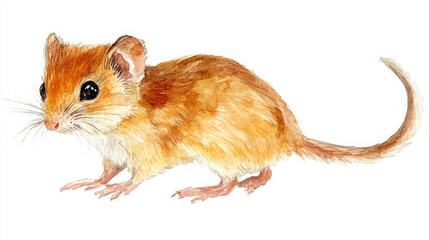 enchanting watercolor illustration of a tiny, reddish-brown harvest mouse capturing whimsical wildlife beauty in delicate brushstrokes for unique art enthusiasts and children's book illustrations