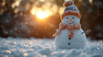 Obraz premium Snowy snowman, sunset, winter scene.