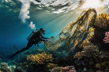 Scuba diver removing fishing net from vibrant coral reef