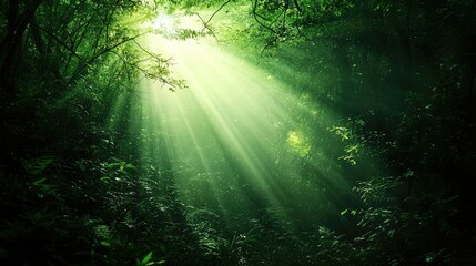 Fototapeta premium Beautiful Sunlight Filtering Through Lush Green Forest Canopy