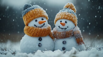 Two snowmen, cozy hats, snowy day.