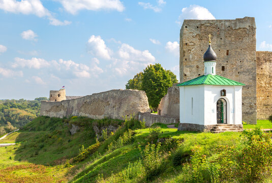 Orthodox Chapel of the Korsunskaya Icon of the Mother of God and Talav Tower of the medieval Izborsk fortress