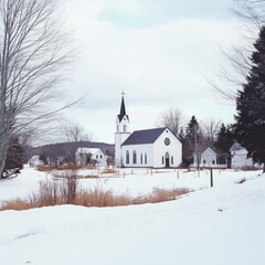 Winter Village Churchscape Snowy Church and Homes