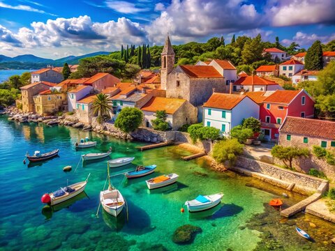 Vibrant Croatian Coastline: Colorful Houses & Boats in Preko, Ugljan Island, Dalmatia