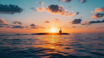 Obraz premium Front View of a black nuclear military submarine sailing in the open sea semi-submerged in ocean waters at sunset or sunrise.