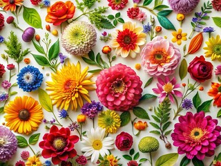 Vibrant Floral Pattern: Colorful Flowers & Leaves on White Background - Stock Photo