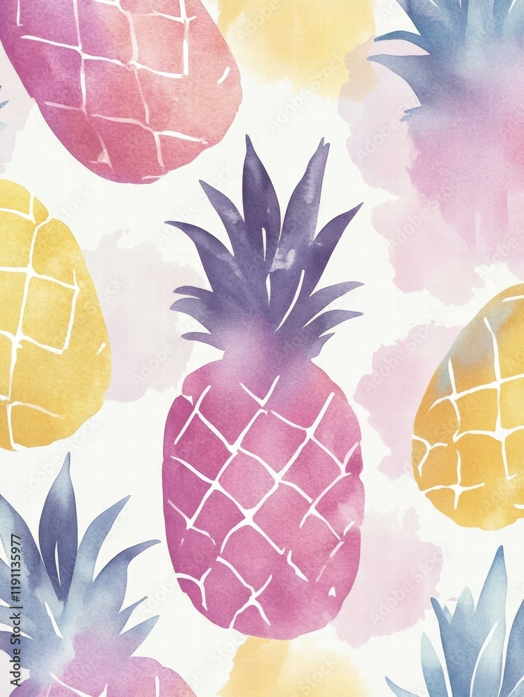 Poster colorful watercolor pineapple pattern with soft pastel background displayed in a playful artistic st