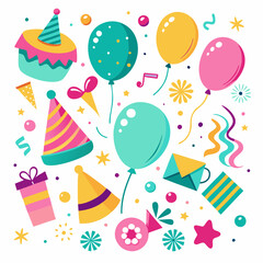 Colorful Party Elements – Festive Balloons, Birthday Hats & Celebration Icons for Fun Events