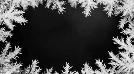 Frosty pattern frame on a black background. Winter overlay design with place for text. Frost on the glass, freezing effect. Christmas crystals concept copy space banner.