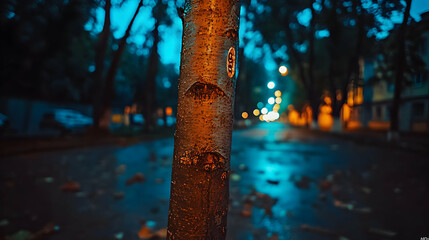 Fototapeta premium Close-up of tree trunk, wet street at night.