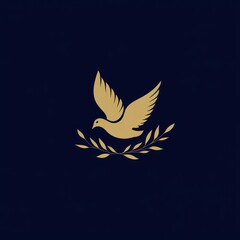 Fototapeta premium Golden dove, olive branch, flying, dark background, logo design