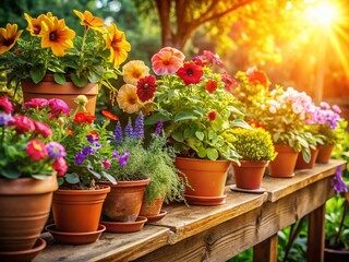 Vibrant Garden Macro: Sunlit Potted Plants & Flowers on Wooden Shelf