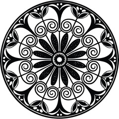 A vector illustration of a mandala silhouette with a white background. The mandala has a circular pattern with multiple layers of interlocking geometric shapes, including triangles, squares, and circl
