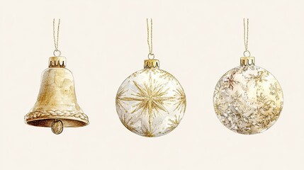 Watercolor Retro Christmas Bell, Star, and Bauble on White and Transparent PNG Background