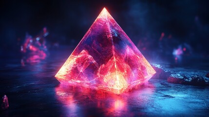Glowing crystal pyramid, dark background, neon light.