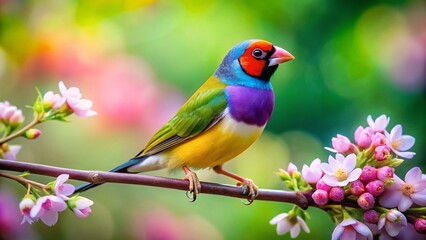 Fototapeta premium Vibrant Gouldian Finch on Flowering Branch - Miniature Tilt-Shift Photography