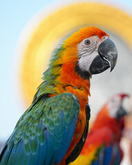 Shamrock macaw Hybrid military with scarlet macaw Free-flying training bird standing on a perch.