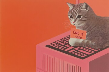 Playful cat on keyboard with out of order sign on vibrant background