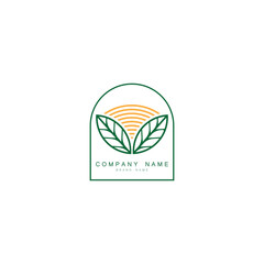Organic logo. Farmer products emblem. Leaves and sun in a circle.
