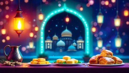 Fototapeta premium Ramadan Sweets: Festive Treats and Mosque Night Scene