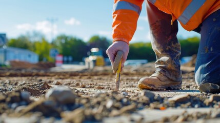A close-up of a civil engineer examining soil samples at a road construction site, Civil engineering scene, Geotechnical analysis style