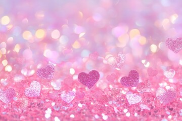 Hearts on pink glitter In shiny background.