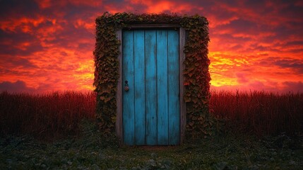 Mystical blue door in a field at sunset.