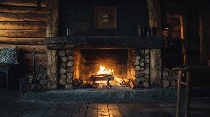 Cozy Log Cabin Fireplace with Warm Flames and Rustic Decor