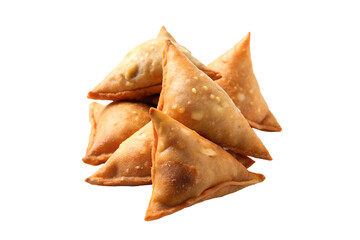 Fototapeta premium Pile of Golden-Brown Samosas – Delicious Savory Pastry from South Asian Cuisine on Transparent Background