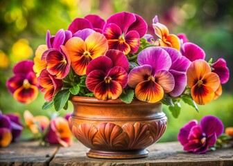 Vibrant Magenta & Orange Pansy Bouquet in Decorative Vase - Soft Focus Floral Photography