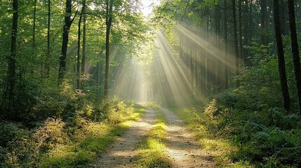 Fototapeta premium Serene Forest Path with Sunlight Streaming through Trees