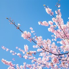 Cherry blossoms in full bloom against a clear blue sky. Delicate pink flowers on branches, showcasing springtime beauty. Ideal for nature and seasonal themes.

