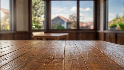 Empty wood table top on home interior with a window with a blurred background. The focus is on the table surface.