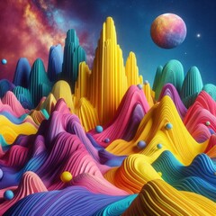 Vibrant colorful landscape features abstract mountains and planets in a surreal outer space setting