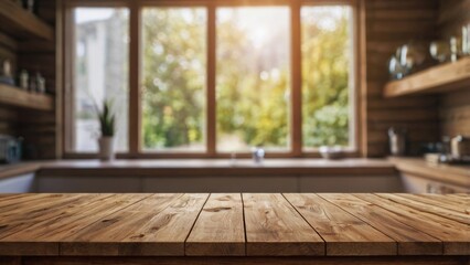 Empty wood table top on home interior with a window with a blurred background. The focus is on the table surface.