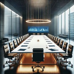 Modern conference room with sleek design and panoramic city view in a high-rise building at daytime
