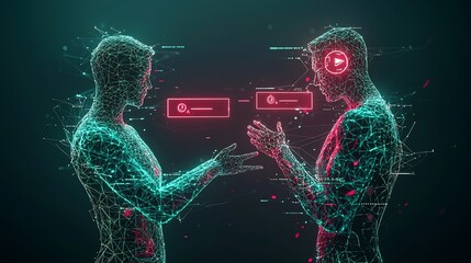 Cross border Conversation and Digital Linkage Concept with Futuristic Guidance Markers  Outlined human figure envelope graphic elements dark moody tone cinematic lighting and aesthetic