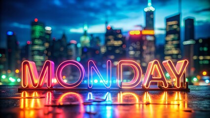 Vibrant Monday Neon Sign, Deep Depth of Field, City Night Background