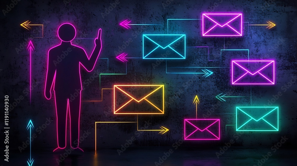 Poster global communication and social network concept with freehand user silhouette and vibrant arrows and