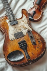 Obraz premium Aged guitar, violin, worn wood, stringed instruments.