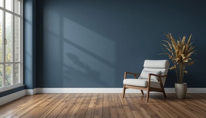 Cozy seating area with a modern chair and decorative plant in a blue room's sunlight