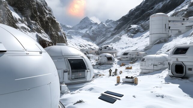 A futuristic, white habitat nestled in a snowy, mountainous region, suggesting a remote research or mining outpost