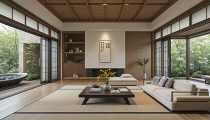 Elegant modern living room with natural light and minimalist design featuring wooden elements and greenery
